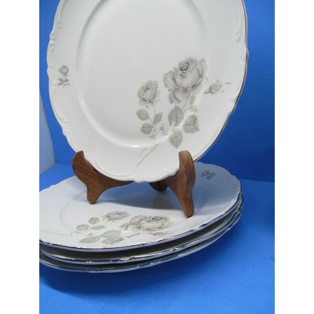 Mitterteich Bavaria Germany Mystic Rose Dinner Plate Platinum Trim Bundle of 4